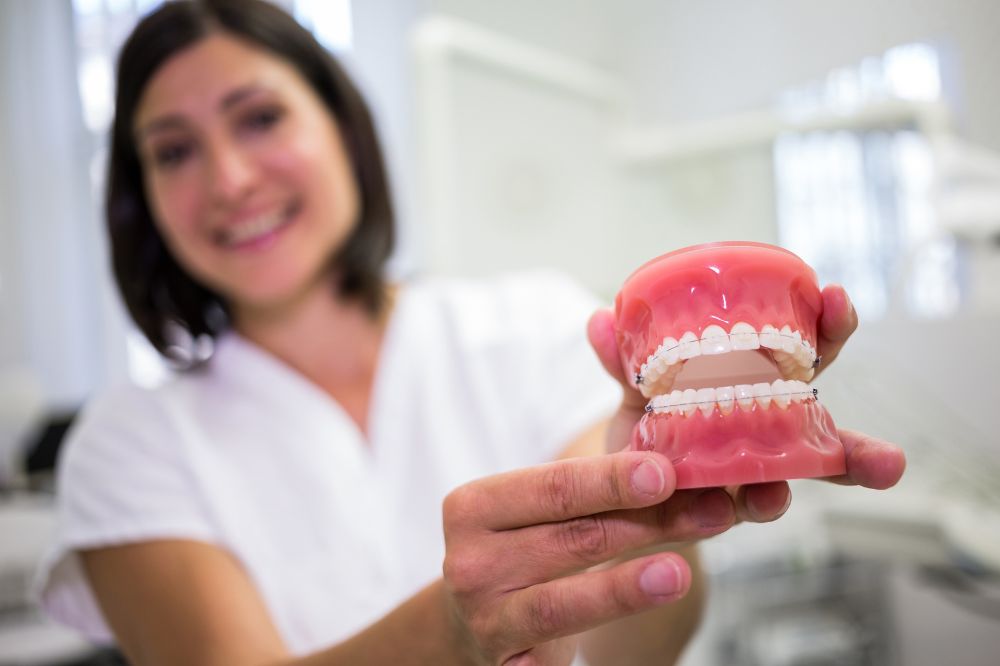 a lady dentist is showing dentures demo